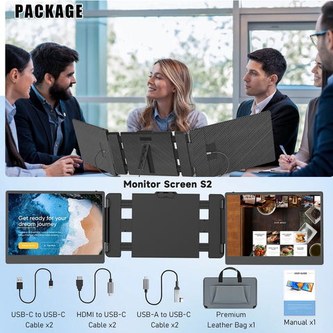 Laptop Screen Extender Monitor, 14" IPS Triple Portable Monitor for Laptop Extension, 1080P FHD Dual Monitor Screen for 13"-17.3" Laptops, Type-C/USB-A/HDMI Plug & Play for Wins/Mac/Chrome